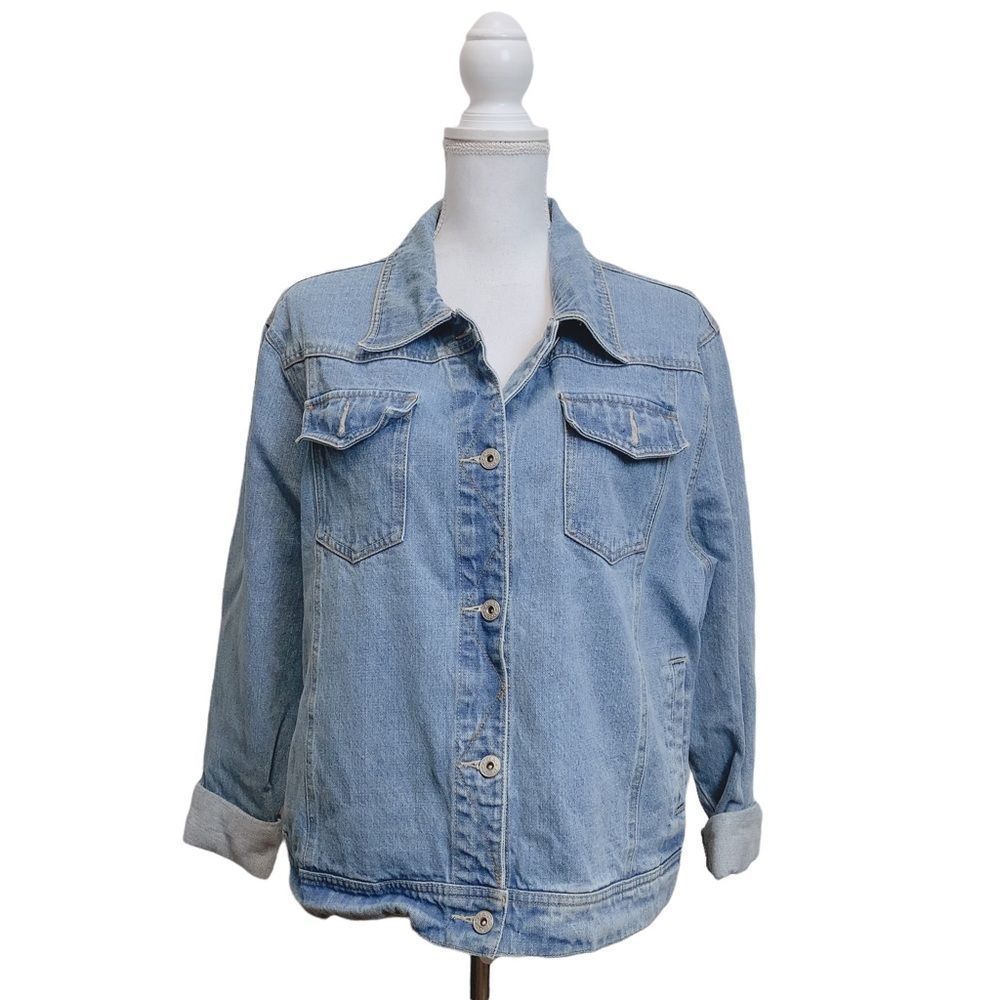 PB BASICS XL Light Wash Denim Jacket Women XL 100% Cotton Button Up Y2k Vintage